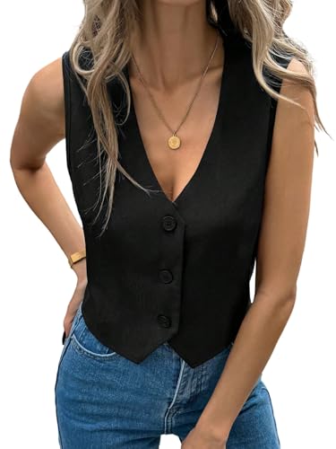 GORGLITTER Damen Top Ärmellose Oberteile V Ausschnitt Blusentop Kurze Sommertop Sommer Tanktop mit Knöpfe Crop Tops Freizeittop Casualtop Büromode Schwarz L von GORGLITTER