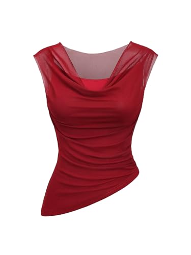 GORGLITTER Damen Top Ärmellose Tops Asymmetrisch Spaghetti Trägertop Crop Sommertop Modisch Geraffte Oberteile Partytop Freizeittop Cami-Top Bordeaux L von GORGLITTER