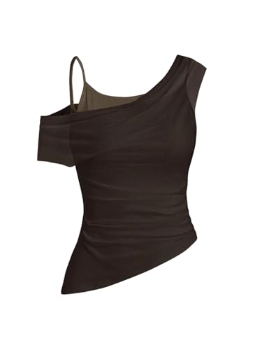 GORGLITTER Damen Top Ärmellose Tops Asymmetrisch Spaghetti Trägertop Crop Sommertop Modisch Geraffte Oberteile Partytop Freizeittop Cami-Top Kaffeebraun S von GORGLITTER