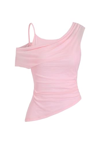GORGLITTER Damen Top Ärmellose Tops Asymmetrisch Spaghetti Trägertop Crop Sommertop Modisch Geraffte Oberteile Partytop Freizeittop Cami-Top Rosa L von GORGLITTER