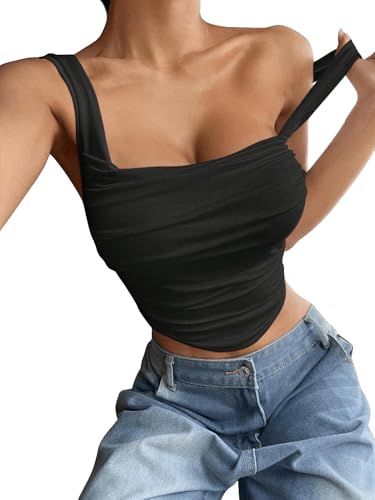 GORGLITTER Damen Top Ärmellose Trägertops Bauchfreies Oberteil Gerafft Sommertop Enges Partytop Rückenfreies Crop Tops Asymmetrisch Camitop Schwarz S von GORGLITTER