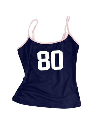 GORGLITTER Damen Top Ärmellose Y2K Spaghettiträger Sommertop Grafik Camisole Farbblock Trägertop Bauchfreies Crop Oberteil Freizeittop Casualtop Dunkelblau XS von GORGLITTER