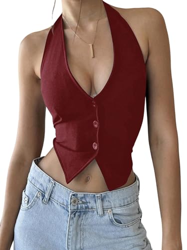 GORGLITTER Damen Top Ärmelloses Oberteil Neckholder Sommertop Rückenfreies Trägertop Asymmetrisch Bauchfreie Tops Schulterfreies Freizeittop Bordeaux M von GORGLITTER