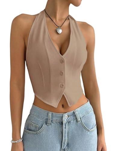 GORGLITTER Damen Top Ärmelloses Oberteil Neckholder Sommertop Rückenfreies Trägertop Asymmetrisch Bauchfreie Tops Schulterfreies Freizeittop Khaki S von GORGLITTER