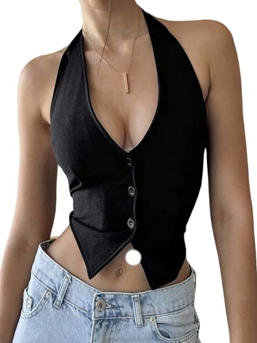 GORGLITTER Damen Top Ärmelloses Oberteil Neckholder Sommertop Rückenfreies Trägertop Asymmetrisch Bauchfreie Tops Schulterfreies Freizeittop Schwarz L von GORGLITTER