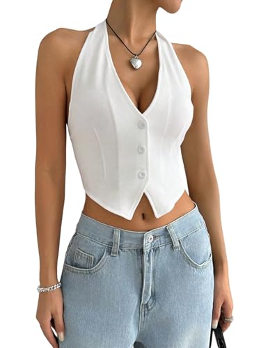 GORGLITTER Damen Top Ärmelloses Oberteil Neckholder Sommertop Rückenfreies Trägertop Asymmetrisch Bauchfreie Tops Schulterfreies Freizeittop Weiß L von GORGLITTER