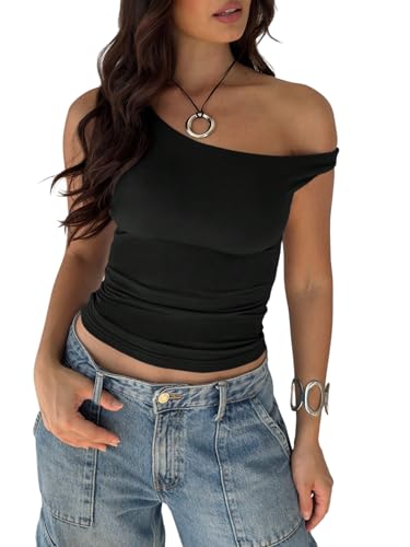 GORGLITTER Damen Top Ärmelloses Oberteil Schulterfreies Sommertop Asymmetrisch Trägertop Bauchfreies Freizeittop Sommer Blusentop Partytop Schwarz S von GORGLITTER