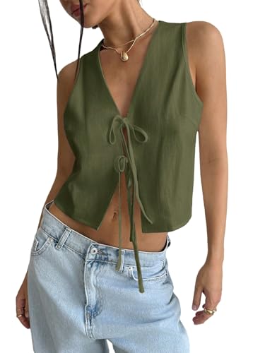 GORGLITTER Damen Top Ärmelloses Oberteil V Ausschnitt Leinen Blusentop Bauchfreie Tank Tops Sommertop mit Schleifen Freizeittop Urlaub Crop-Top Armeegrün L von GORGLITTER
