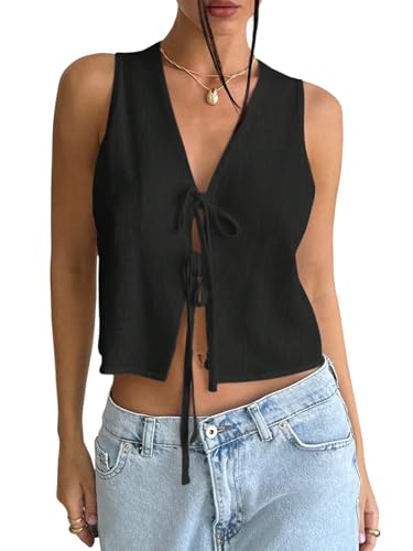 GORGLITTER Damen Top Ärmelloses Oberteil V Ausschnitt Leinen Blusentop Bauchfreie Tank Tops Sommertop mit Schleifen Freizeittop Urlaub Crop-Top Schwarz M von GORGLITTER