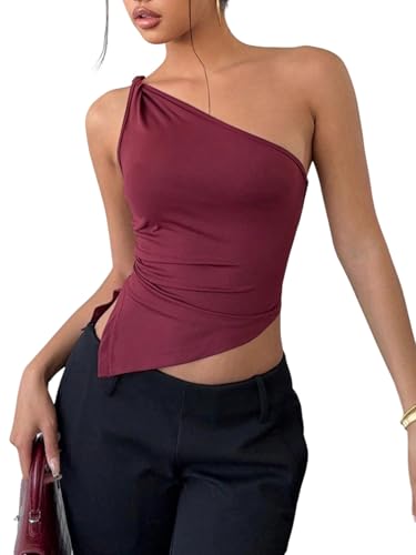 GORGLITTER Damen Top Ärmelloses Shirt Schulterfreies Oberteil Asymmetrisches Sommertop Rückenfreies Trägertop Sommer Freizeittop Casualtop Bordeaux XS von GORGLITTER