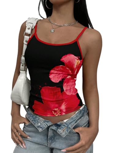 GORGLITTER Damen Top Ärmelloses Sommertop Blumenmuster Spaghettiträger Tops Rückenfreie Oberteile Bauchfreies Trägertop Camisole Blumentop Freizeittop Schwarz und Rot XS von GORGLITTER