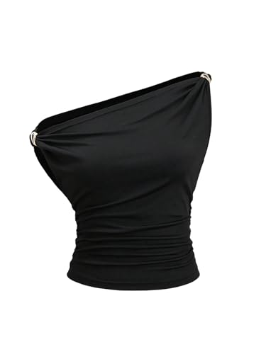 GORGLITTER Damen Top Ärmelloses Sommertop Schulterfreie Oberteile Asymmetrisch Trägertop Gerafft Elegant Freizeittop Sommer Bauchfreie Tops Schwarz L von GORGLITTER