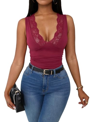 GORGLITTER Damen Top Ärmelloses Spitzentop Elegant Sommertop V Ausschnitt Trägertop Spitzen Oberteil Eng Tanktop Freizeittop Bordeaux L von GORGLITTER