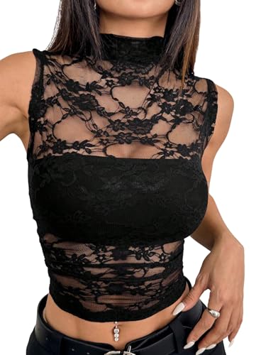 GORGLITTER Damen Top Ärmelloses Sommetop Stehkragen Spitzentop Bauchfreie Oberteile Slim Trägertop Sommer Tank Tops Partytop Croptop Schwarz XS von GORGLITTER