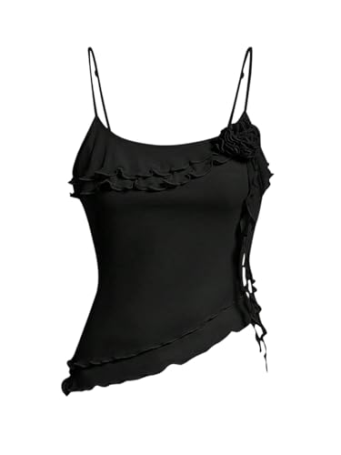 GORGLITTER Damen Top Ärmelloses Tärgertop Blumenverzierte Sommertops Elegant Spaghettiträger Tops Wellensaum Oberteile Asymmetrische Freizeittops Schwarz XS von GORGLITTER