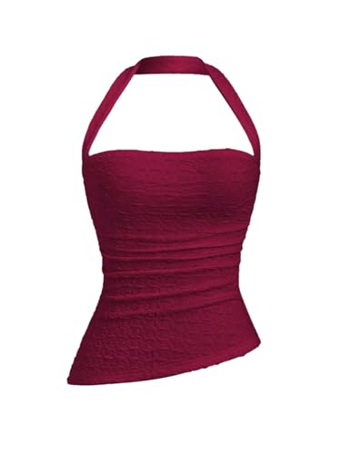 GORGLITTER Damen Top Ärmelloses Trägertop Neckholder Sommertop Rückenfreie Oberteile Figurbetont Halter Tops Asymmetrisch Crop-Top Freizeittop Bordeaux M von GORGLITTER