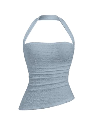 GORGLITTER Damen Top Ärmelloses Trägertop Neckholder Sommertop Rückenfreie Oberteile Figurbetont Halter Tops Asymmetrisch Crop-Top Freizeittop Graublau L von GORGLITTER