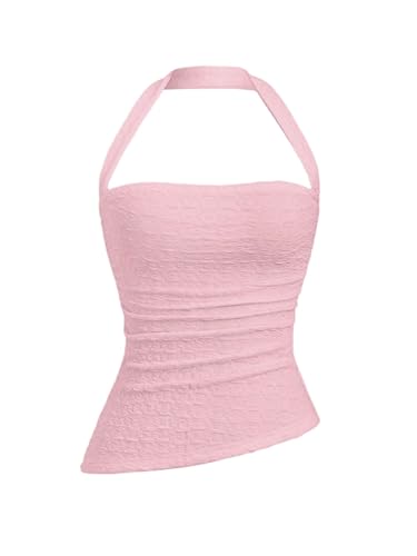 GORGLITTER Damen Top Ärmelloses Trägertop Neckholder Sommertop Rückenfreie Oberteile Figurbetont Halter Tops Asymmetrisch Crop-Top Freizeittop Rosa L von GORGLITTER