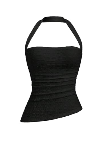 GORGLITTER Damen Top Ärmelloses Trägertop Neckholder Sommertop Rückenfreie Oberteile Figurbetont Halter Tops Asymmetrisch Crop-Top Freizeittop Schwarz S von GORGLITTER