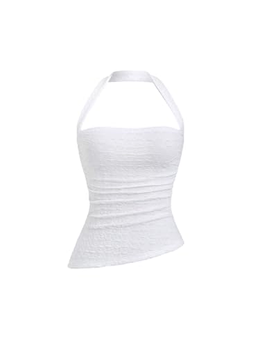 GORGLITTER Damen Top Ärmelloses Trägertop Neckholder Sommertop Rückenfreie Oberteile Figurbetont Halter Tops Asymmetrisch Crop-Top Freizeittop Weiß M von GORGLITTER