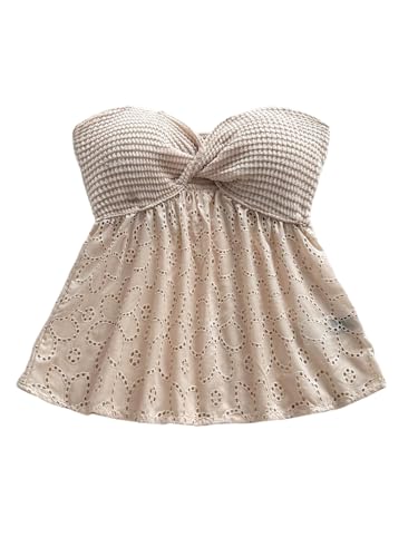 GORGLITTER Damen Top Bandeau Tops Elegant Tube-Top Zwirn Trägerlose Oberteile Ärmelloses Sommertop Schulterfreies Freizeittop Rückenfreies Casualtop Beige L von GORGLITTER
