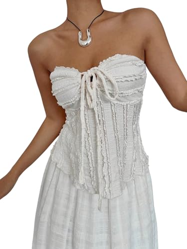 GORGLITTER Damen Top Bandeau Tops Trägerlose Oberteile Schulterfreies Sommertop Ärmelloses Blusentop mit Knoten Sommer Spitzentop Freizeittop Aprikosenfarben S von GORGLITTER