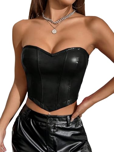 GORGLITTER Damen Top Bandeau Tops Trägerloses Leder Top Ärmelloses Shirt Croptop Bauchfreies Oberteil Sommer Partytop PU Leder Sommertop Tube-Top Schwarz S von GORGLITTER