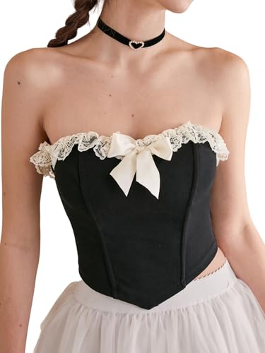 GORGLITTER Damen Top Bandeau Tops mit Schleifendekor Spitze Schulterfreies Sommertop Rückenfreie Oberteile Ärmelloses Freizeittop Bauchfreies Partytop Schwarz S von GORGLITTER