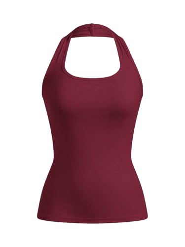 GORGLITTER Damen Top Basic Neckholder Sommertop Ärmellose Oberteile Rückenfreies Freizeittop Schulterfreies Trägertop Enge Sommershirts Tanktop Bordeaux XL von GORGLITTER