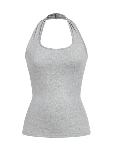 GORGLITTER Damen Top Basic Neckholder Sommertop Ärmellose Oberteile Rückenfreies Freizeittop Schulterfreies Trägertop Enge Sommershirts Tanktop Hellgrau S von GORGLITTER