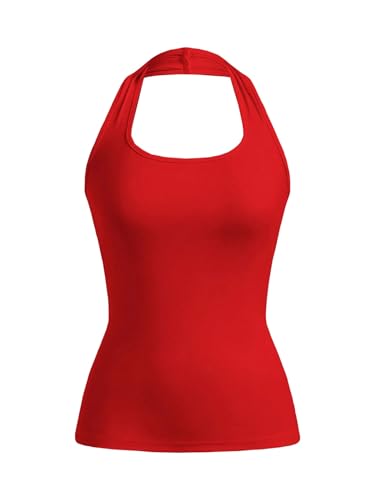 GORGLITTER Damen Top Basic Neckholder Sommertop Ärmellose Oberteile Rückenfreies Freizeittop Schulterfreies Trägertop Enge Sommershirts Tanktop Rot M von GORGLITTER