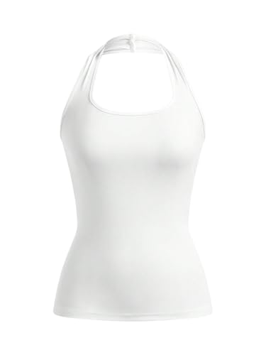 GORGLITTER Damen Top Basic Neckholder Sommertop Ärmellose Oberteile Rückenfreies Freizeittop Schulterfreies Trägertop Enge Sommershirts Tanktop Weiß L von GORGLITTER