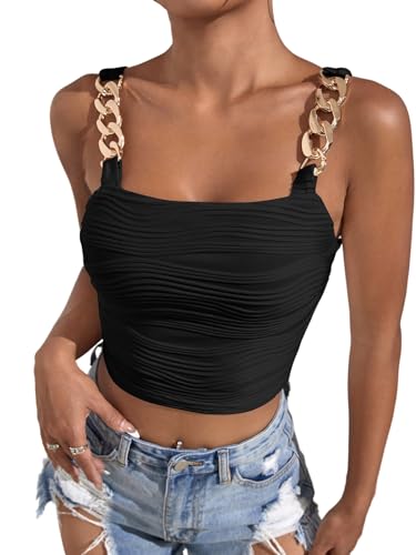 GORGLITTER Damen Top Bauchfreie Trägertops mit Kettendekor Gerafft Camisole Sommertop Ärmellose Oberteile Rückenfreies Freizeittop Elegant Crop Top Schwarz S von GORGLITTER
