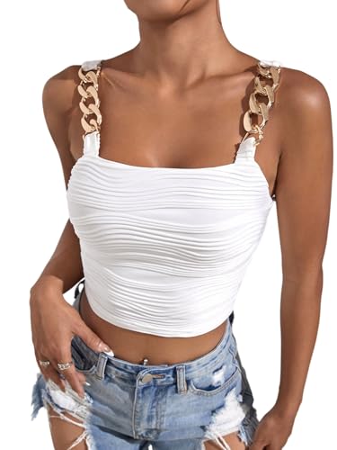 GORGLITTER Damen Top Bauchfreie Trägertops mit Kettendekor Gerafft Camisole Sommertop Ärmellose Oberteile Rückenfreies Freizeittop Elegant Crop Top Weiß M von GORGLITTER