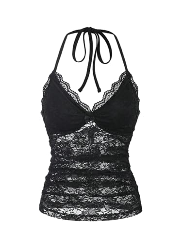 GORGLITTER Damen Top Bauchfreies Sommertop mit Spitze Neckholder Trägertop Ärmelloses Oberteil Geraffte Spitzentops Rückenfreies Partytop Sommer Outfits Schwarz XS von GORGLITTER