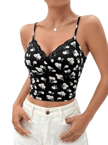 GORGLITTER Damen Top Blümchenmuster Trägertop mit Spitze Spaghettiträger Tops Freizeit Ärmellose Oberteile Bauchfreie Camitops Sommertop Casualtop Schwarz S von GORGLITTER