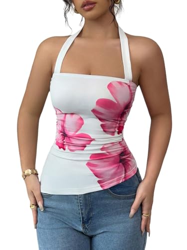 GORGLITTER Damen Top Blumenmuster Trägertop Neckholder Tops Sommer Rückenfreie Oberteile Figurbetontes Sommertop Ärmelloses Trägershirt Casualtop Weiß L von GORGLITTER