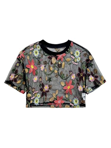GORGLITTER Damen Top Boho Blumenmuster Sommertop Rundkragen Croptop Oversize Tshirts mit Stickerei Durchsichtige Tops Sommer Kurzarm Oberteile Schwarz L von GORGLITTER