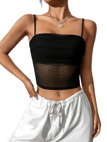GORGLITTER Damen Top Caimisole Tops Durchsichtiges Netz Oberteil Einfarbige Sommertops Spaghettiträger Freizeittop Ärmelloses Mesh Trägertop Sommer Outfits Schwarz M von GORGLITTER