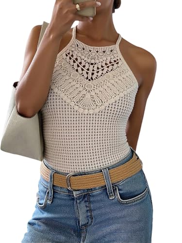 GORGLITTER Damen Top Durchsichtige Spitze Trägertop Cut Out Oberteile Neckholder Sommertop Ärmellose Freizeittops Schulterfreies Oberteil Aprikosenfarben L von GORGLITTER
