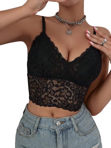 GORGLITTER Damen Top Durchsichtige Spitzentop Ärmellose Oberteile Bauchfreies Croptop Spaghettiträger Tops Rückenfreies Trägertop Elegant Sommertop Schwarz XL von GORGLITTER