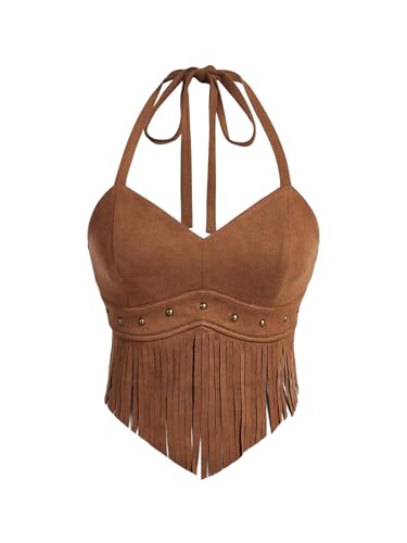 GORGLITTER Damen Top Fransen Tops Neckholder Trägertop Rückenfreies Sommertop Ärmellose Oberteile mit Knoten Vintage Bauchfreies Fransentop Braun M von GORGLITTER