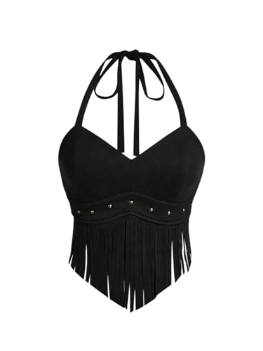 GORGLITTER Damen Top Fransen Tops Neckholder Trägertop Rückenfreies Sommertop Ärmellose Oberteile mit Knoten Vintage Bauchfreies Fransentop Schwarz L GORGLITTER Damen Top Fransen Tops Neckholder Trägertop Rückenfreies Sommertop Ärmellose Oberteile mit Knoten Vintage Bauchfreies Fransentop Schwarz L von GORGLITTER