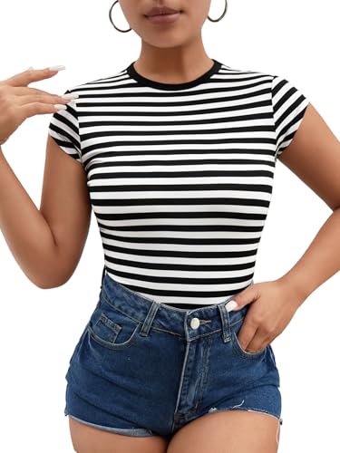 GORGLITTER Damen Top Gestreift Sommertop Rundkragen Oberteile Kurz Basic Tshirt Flügelärmel Kurzarm Freizeitshirt Sommer Casualtop Schwarz und Weiß XS GORGLITTER Damen Top Gestreift Sommertop Rundkragen Oberteile Kurz Basic Tshirt Flügelärmel Kurzarm Freizeitshirt Sommer Casualtop Schwarz und Weiß XS von GORGLITTER