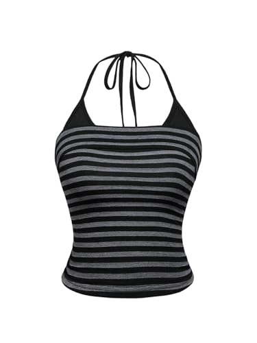 GORGLITTER Damen Top Gestreiftes Sommertop Y2K Neckholder Oberteil Bauchfreie Tops Ärmellose Trägertops Rückenfreies Sommer Casualtop Freizeittop Stricktop Schwarz und Grau M von GORGLITTER