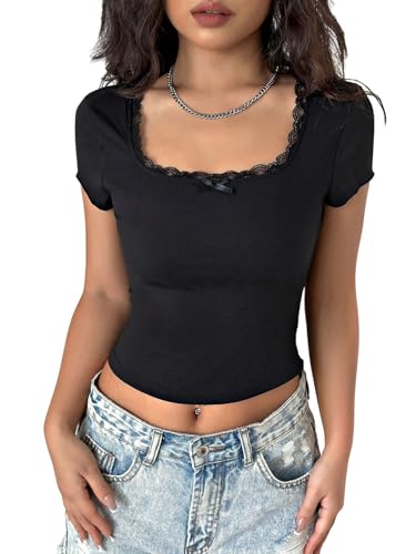 GORGLITTER Damen Top Kurzarm Sommertop Rippenstrick Tshirt Eckiger Ausschnitt Oberteile mit Spitze Schleifendekor Bauchfreies Freizeittop Casualtop Schwarz XS GORGLITTER Damen Top Kurzarm Sommertop Rippenstrick Tshirt Eckiger Ausschnitt Oberteile mit Spitze Schleifendekor Bauchfreies Freizeittop Casualtop Schwarz XS von GORGLITTER