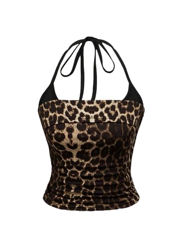 GORGLITTER Damen Top Leopardenmuster Halter Tops Sommer Bauchfreies Neckholder Oberteil Crop Trägertop Rückenfreies Sommertop Ärmelloses Freizeittop Leo L von GORGLITTER