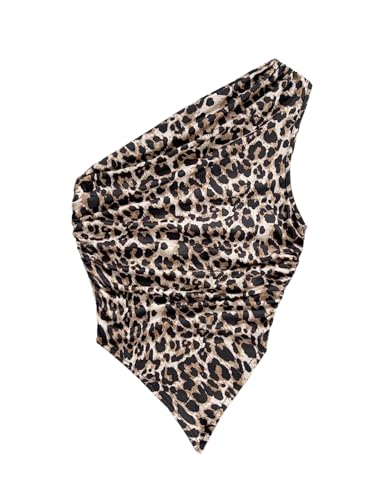 GORGLITTER Damen Top Leopardenmuster Sommertop Schulterfreie Oberteile Ärmelloses Trägertop Sommer Asymmetrisch Crop Tops Gerafft Freizeittop Leo XS von GORGLITTER