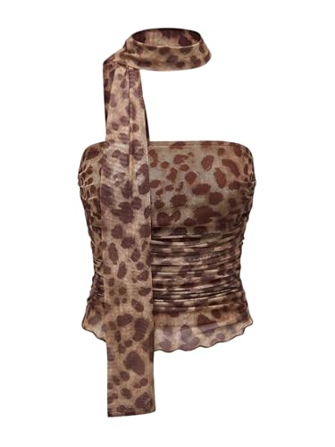 GORGLITTER Damen Top Leopardenmuster Sommertop Y2K Top Ärmellose Oberteile Neckholder Partytop Leoprint Oberteile Clubtop Bauchfreies Oberteil Leo L von GORGLITTER