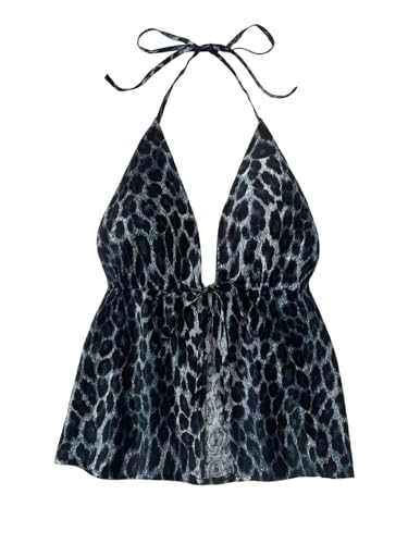 GORGLITTER Damen Top Leopardenmuster Trägertop Y2K Ärmellose Neckholder Sommertops Rückenfreies Oberteil Freizeittop Urlaub Festival Partytop Spaghetti Tops Hellgrau S von GORGLITTER